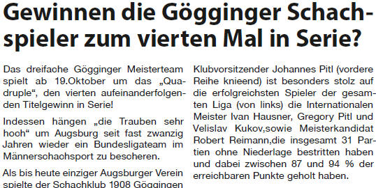 Bericht über 3-fach Meister SK 1908 Göggingen im Südanzeiger 2014